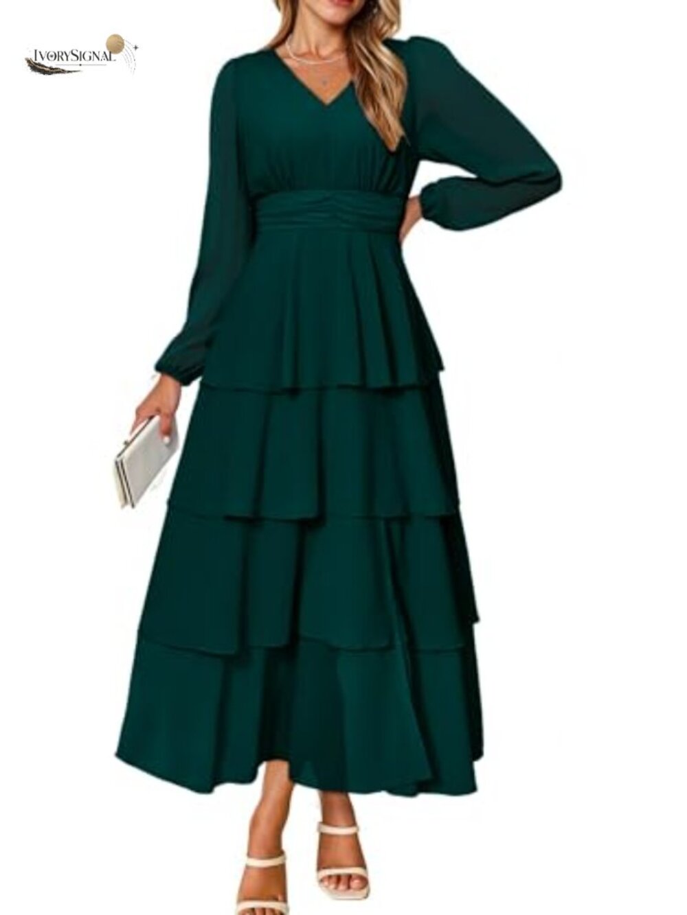 Chiffon Maxi Dress Long Sleeve V Neck Tiered Ruffle Flowy Boho Wedding Guest